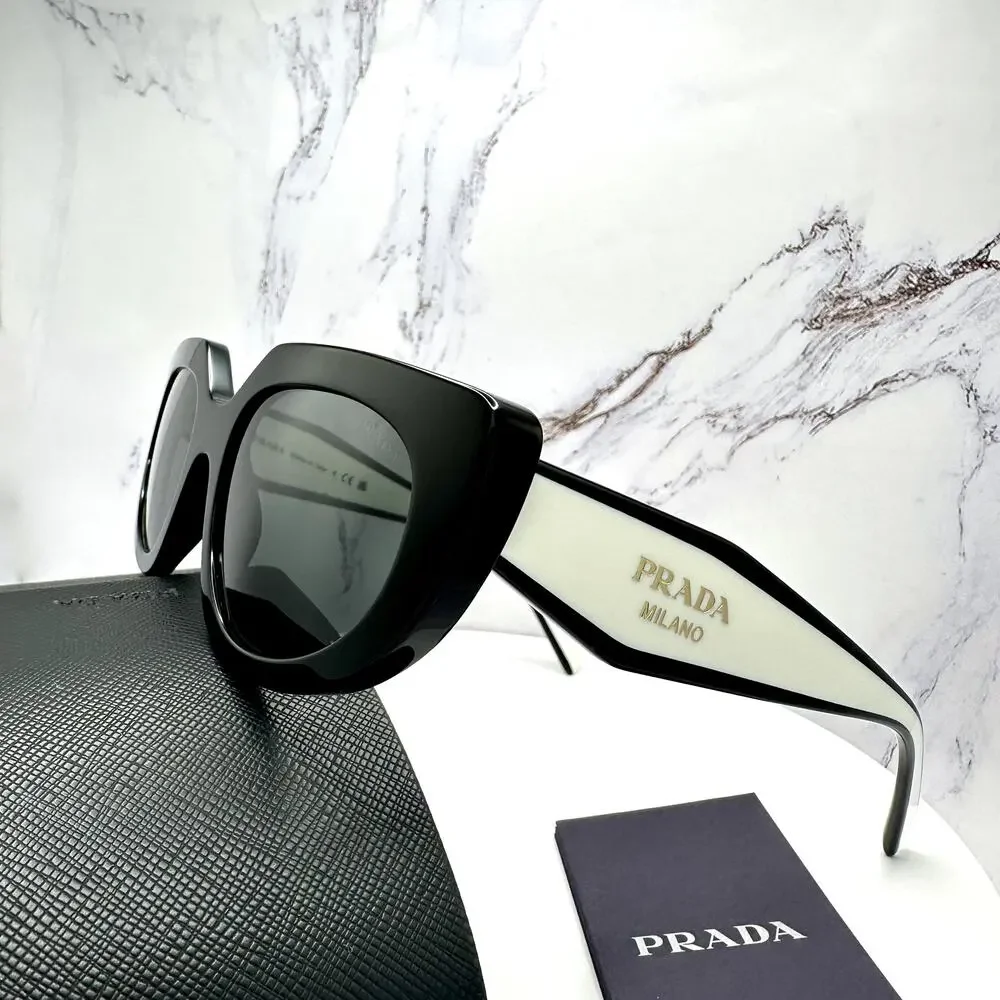 New PRADA Sunglasses Black White Talc Gold Symbole Oval Cat Eye Womens - Picture 7 of 16
